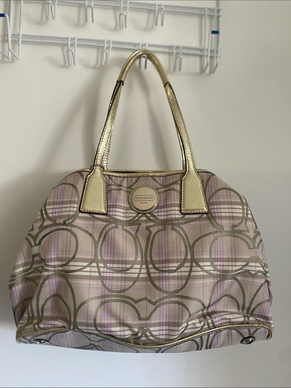 Coach Lavender Plaid Dome Satchel with Gold Trim